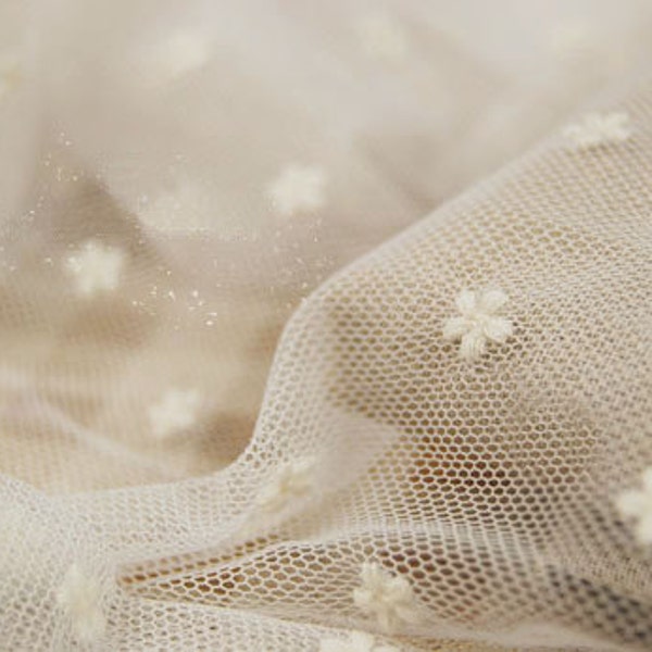 off white tulle lace fabric, embroidered daisy lace fabric, vintage gauze lace fabric, polka dots lace fabric