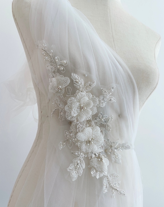 off white bead camellia applique, heavy bead applique patch with bugle beads, bridal headpiece, bead florals applique for haute couture