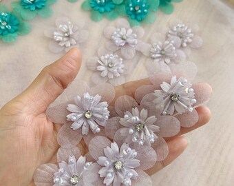 5pcs light lilac 3d florals applique, heavy bead petals with rhinestone, hand crafted flowers