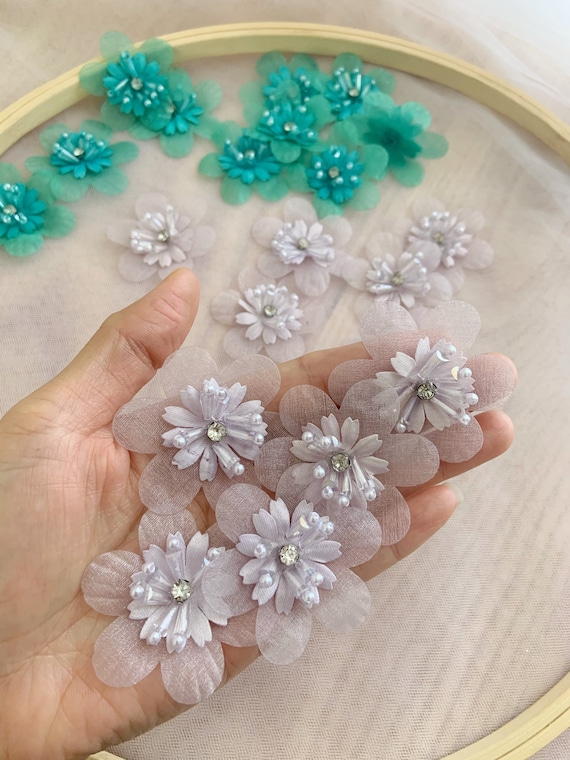 5pcs light lilac 3d florals applique, heavy bead petals with rhinestone, hand crafted flowers