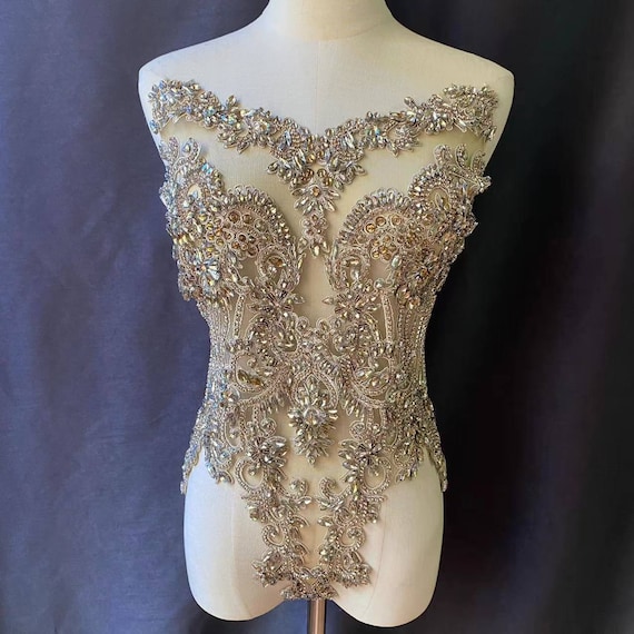 Big Khaki Rhinestone applique, crystal applique for couture, crystal bodice applique for dress, costume supplies
