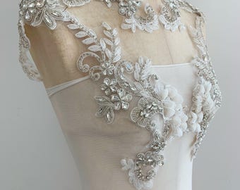 Rhinestone applique with 3d white flowers, handcrafted white floral patch