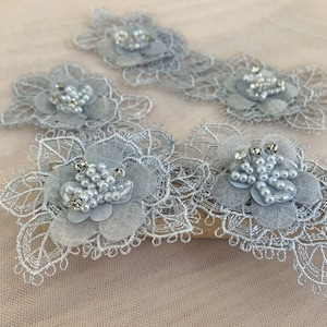 5pcs hand crafted flowers appliques for couture, costume, dress, handmade florals applique with pearls