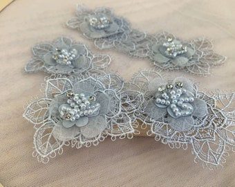 5pcs hand crafted flowers appliques for couture, costume, dress, handmade florals applique with pearls