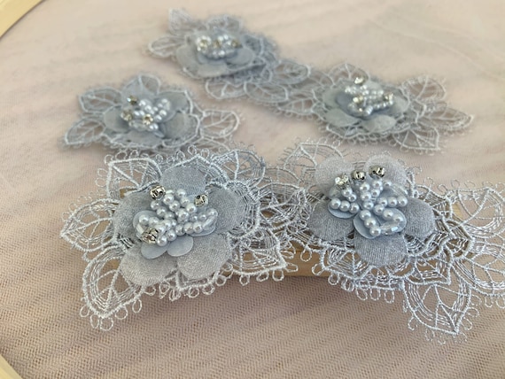 5pcs hand crafted flowers appliques for couture, costume, dress, handmade florals applique with pearls