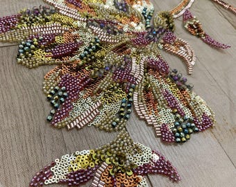 Green bead embroidery appliqué with flowers, heavy bead florals patch for dress alterations, dress supplies