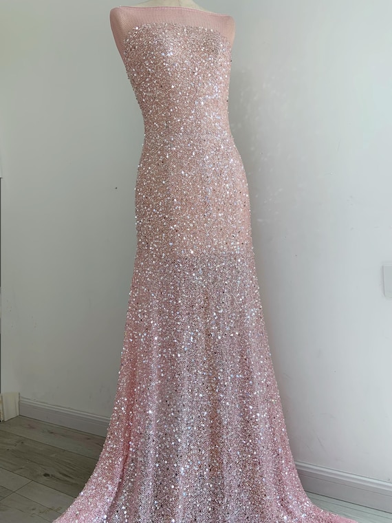 Pink Sparkling power mesh fabric for dress, stretch bead mesh fabric for gowns