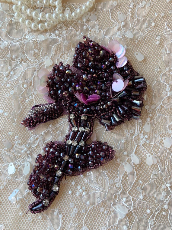 purple hand bead floral applique, 3d heavy bead rhinestone applique patch for headpiece, garment, dress