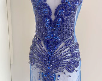 Blue Full Rhinestone bodice appliqué, rhinestone dress, crystal applique for couture, dress, costume, stage performance