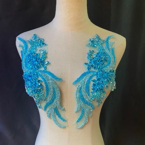 Vivid blue French bead applique, crystal bodice patch, heavy bead applique for couture