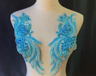 Vivid blue French bead applique, crystal bodice patch, heavy bead applique for couture