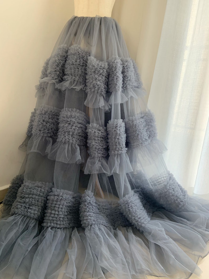 Dust Blue Ruffle Tulle Fabric: Soft Costume & Dress Material image 2