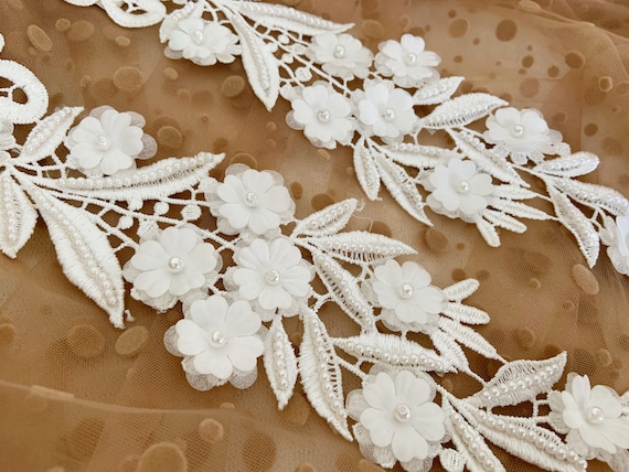 off white lace applique, 3D pearl bead flowers lace applique, 2pcs