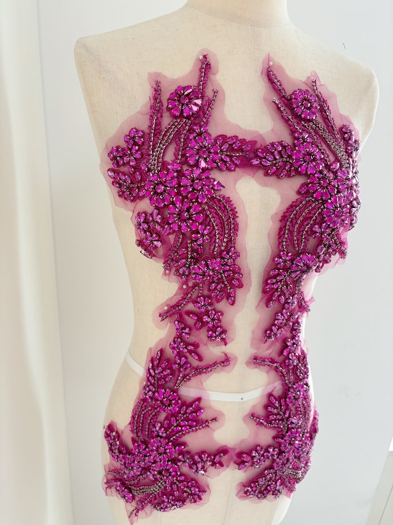 Hot pink Rhinestone appliqué, sparkle crystal applique, crystal bodice patch, handmade couture supplies, dance costume supplies