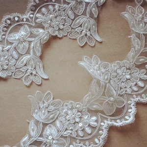 ivory Bridal Lace trim, beaded Alencon Lace Trim, wedding lace, silver embroidered lace, trim lace, scalloped lace trim CGDZ046B image 2