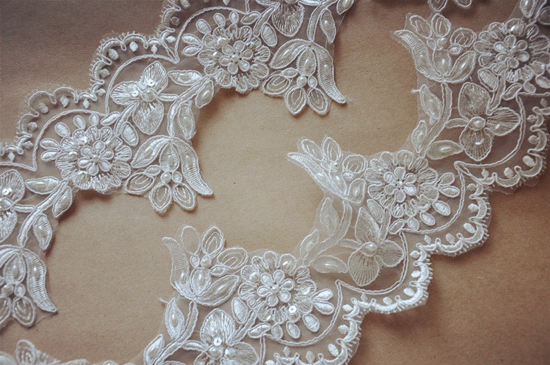 ivory Bridal Lace trim, beaded Alencon Lace Trim, wedding lace, silver embroidered lace, trim lace, scalloped lace trim CGDZ046B image 2