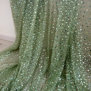 Light green bead lace fabric, sparkle French bead lace fabric with sequins, sequin fabric for dress, couture, costume