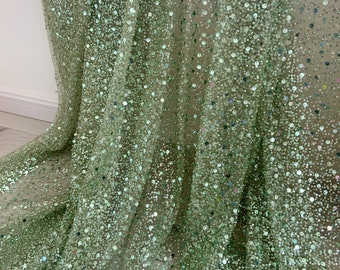 Light green bead lace fabric, sparkle French bead lace fabric with sequins, sequin fabric for dress, couture, costume