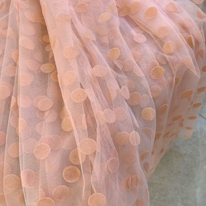 Peach pink tulle Lace fabric with big polka dots