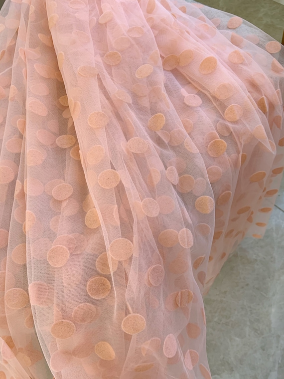 Peach pink tulle Lace fabric with big polka dots