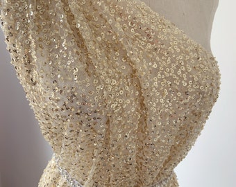 SALE Leichter Gold perlen Spitzenstoff, Französischer Perlen Spitzenstoff mit Pailletten, Champagner Gold Paillettenstoff für Kleid, Kostüm