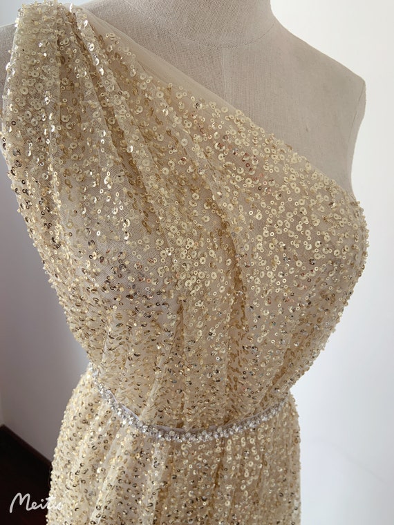SALE Light gold bead lace fabric, French bead lace fabric with sequins, champagne gold sequin fabric for dress, costume