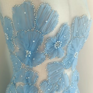 blue 3d embroidered flowers for couture, bridal dress, French tulle lace fabric with 3d flowers, heavy beading flowers fabric