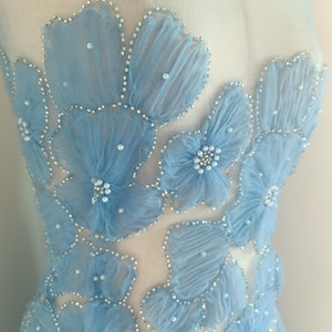 blue 3d embroidered flowers for couture, bridal dress, French tulle lace fabric with 3d flowers, heavy beading flowers fabric