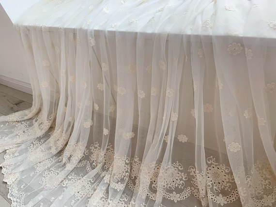 ecru embroidered tulle lace fabric with eyelet florals, beige mesh lace fabric, retro style wedding table cloth
