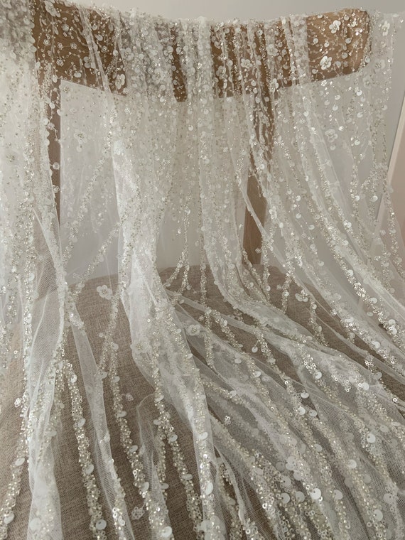 off white bead tulle fabric with florals for bridal dress, beading and sequined embroideries