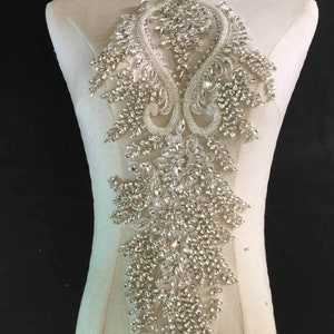 Big Rhinestone bodice applique, heavy bead crystal applique, crystal bodice applique for couture
