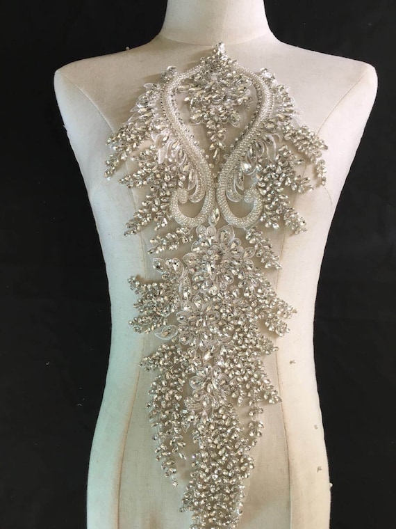 Big Rhinestone bodice applique, heavy bead crystal applique, crystal bodice applique for couture