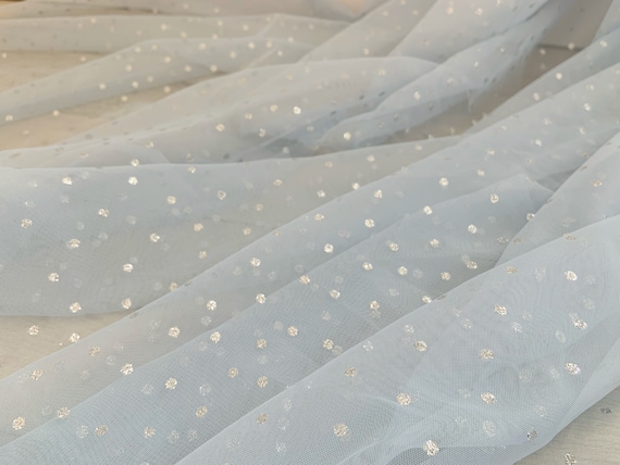 light blue tulle fabric with silver polka dots, soft tulle with shiny dots for costume, dance costume party decors #6