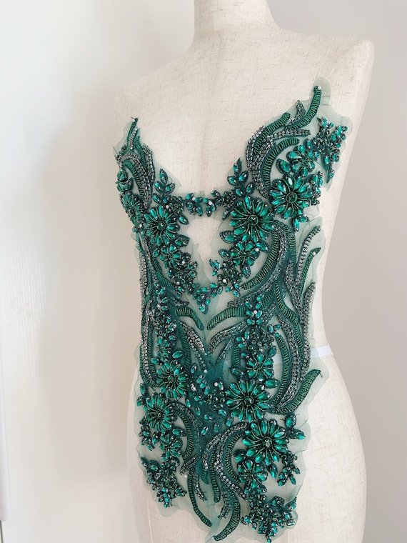 Green rhinestone applique, rhinetone bodice patch  for  dress, couture, dance costume