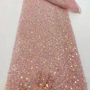 Mauve pink Heavy bead tulle lace fabric with sequins for bridal dress