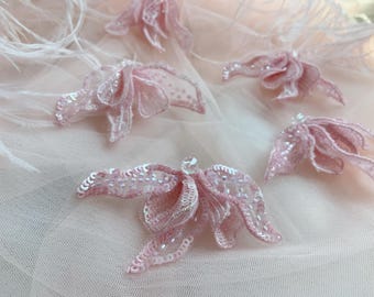 Pink handcrafted patch with orchid petals for couture, beadwork flower, millinery supplies