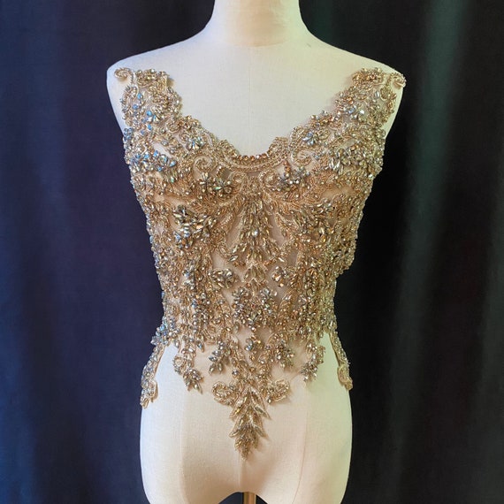 Dark gold handcrafted crystal applique for couture, Navy Rhinestone applique for dress, costume, stage performance, evening dress supplies