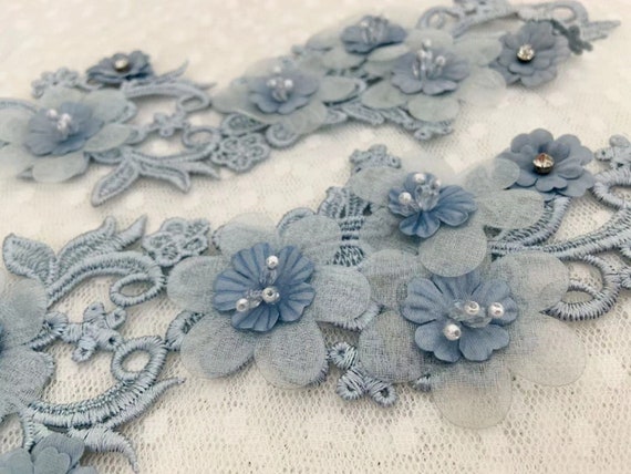 Pale blue lace applique, 3D flowers lace applique motif, 2pcs