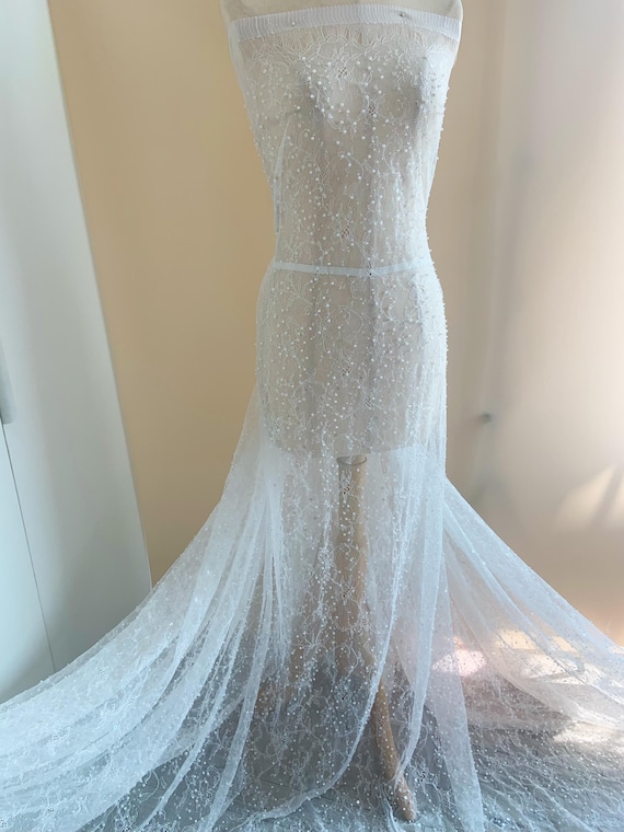 White Chantilly lace fabric with beads and sequins for wedding dress bridal robe