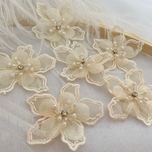 Puede incluir: Seis apliques de flores de tela de color marfil con adornos de perlas y pedrería. Los apliques están dispuestos sobre un fondo de tul blanco.