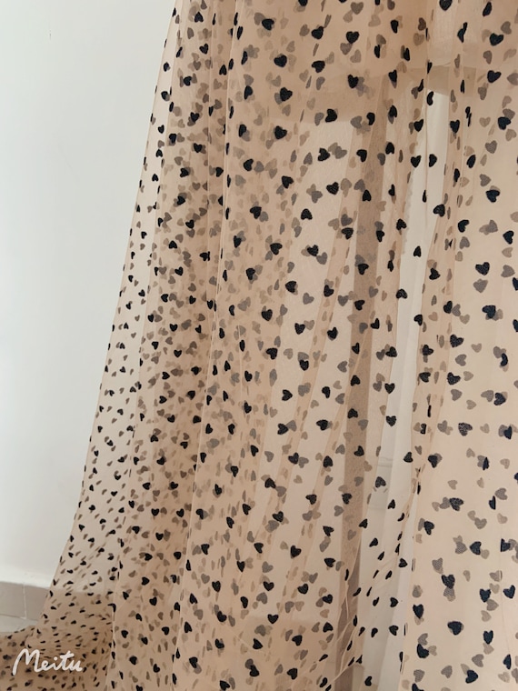 Nude tan tulle Lace fabric with velvet hearts, tulle mesh fabric with velvet dot, new arrival, hot selling