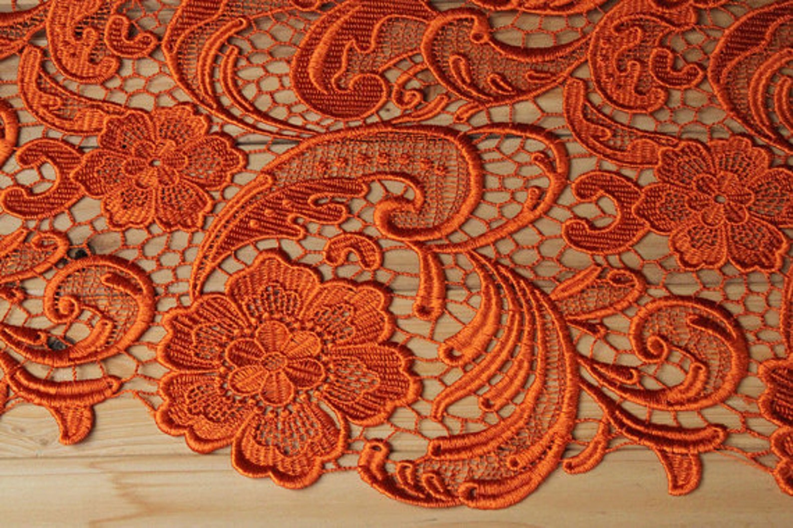 Orange Lace Fabric, Venise Lace, Crocheted Lace Fabric, Retro Floral