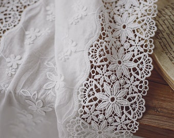 Cotton eyelet lace fabric with 3d flowers and strips