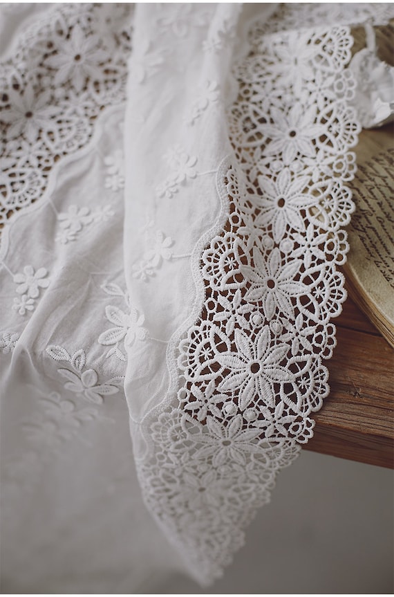 Cotton Eyelet Lace Fabric With 3d Flowers and Strips 