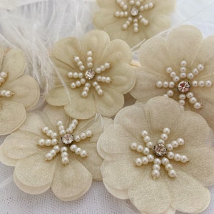 5pcs champagne 3d flowers applique, heavy bead petals with rhinestone