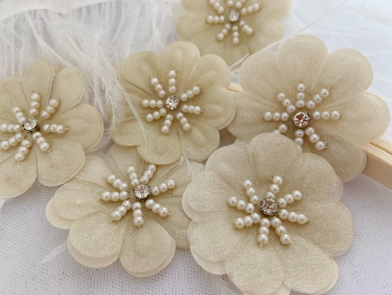 5pcs champagne 3d flowers applique, heavy bead petals with rhinestone