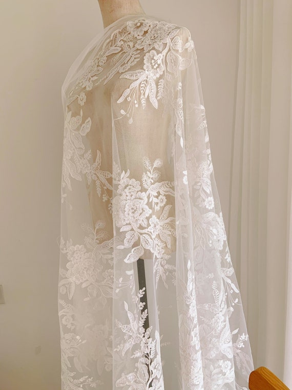 Off white cord Lace Fabric, retro floral lace, cotton embroidered lace fabric, lace curtain fabric by the yard