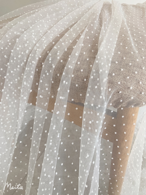 Off white velvet Polka dots tulle fabric, flocking polka dotted mesh fabric for dress, skirt