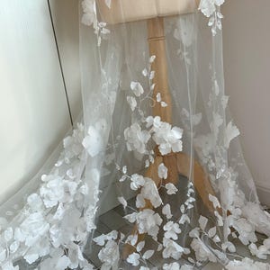 White 3d flowers Tull fabric for couture, bridal dress, pearl beaded florals fabric with 3d florals