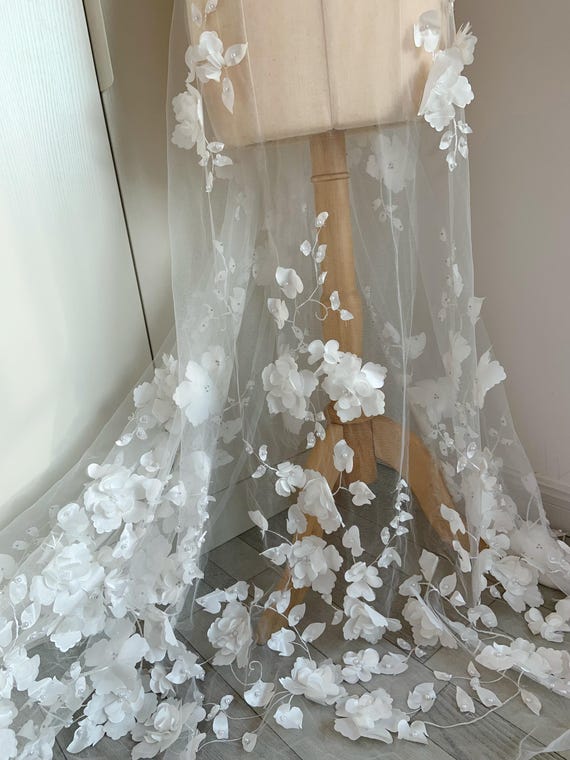 White 3d flowers Tull fabric for couture, bridal dress, pearl beaded florals fabric with 3d florals